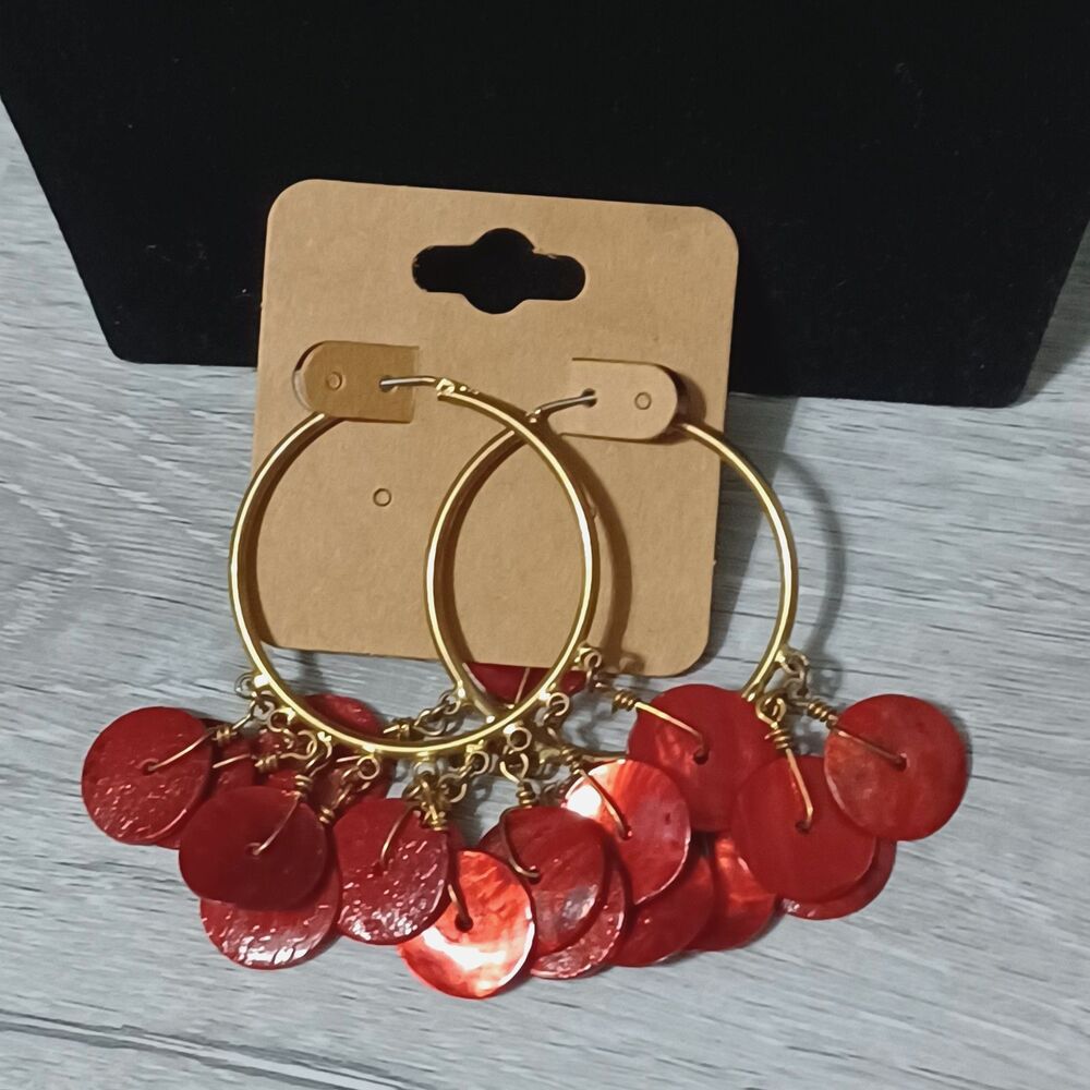 Gold-Toned Hoop Earrings w/ Red Shell Dangles